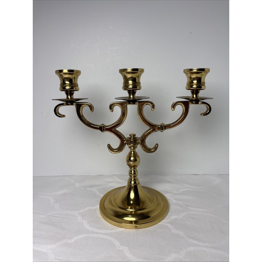 3-Candle Arm Candelabra Heavy Gold Tone Brass Marked M Retro Decor Piece  80s